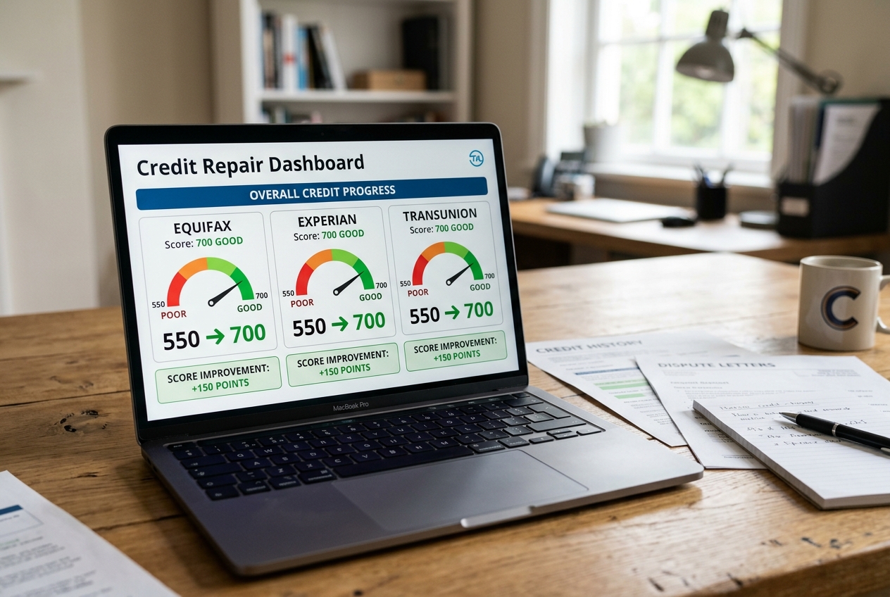 Laptop showing credit scores rising from 550 to 700 across Equifax, Experian, and TransUnion